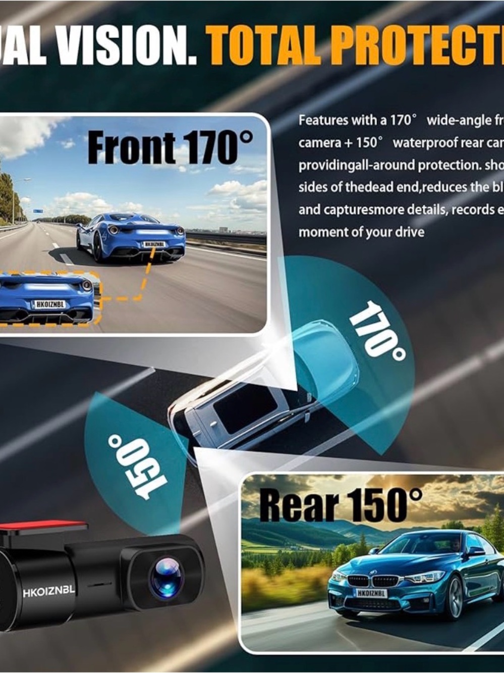 Dual Dash Cam - Black Front 170° & Rear 150°